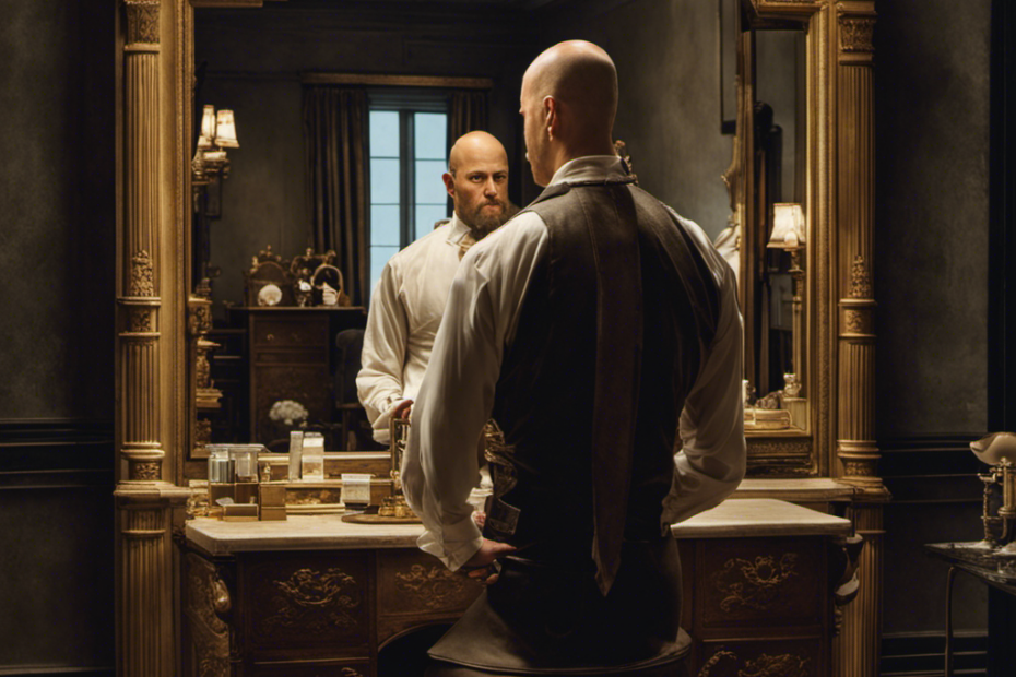 An image that portrays a man standing in front of a mirror, his head partially shaved, showcasing regrowth of hair in certain areas, while other areas remain bald, inviting viewers to contemplate the ideal time to shave their heads again