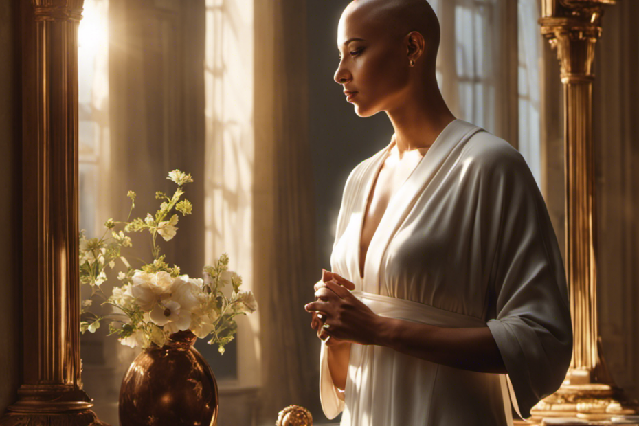 An image depicting a serene figure with a clean-shaven head, positioned in front of a mirror, with sunlight streaming through the window, reflecting confidence, self-acceptance, and a fresh start