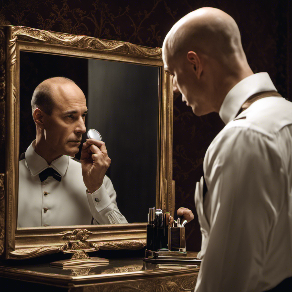 An image featuring a man standing in front of a mirror, gazing at his reflection