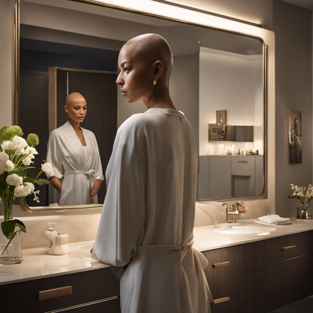 An image showcasing a serene bathroom scene with a mirror reflecting a person's confident face, illuminated by natural light