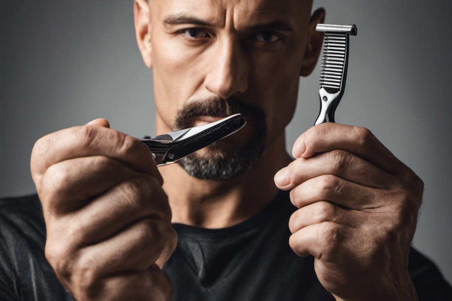 An image showcasing a close-up of a man's hand, holding a razor, with a reflection of a perfectly smooth, bald head in the blade