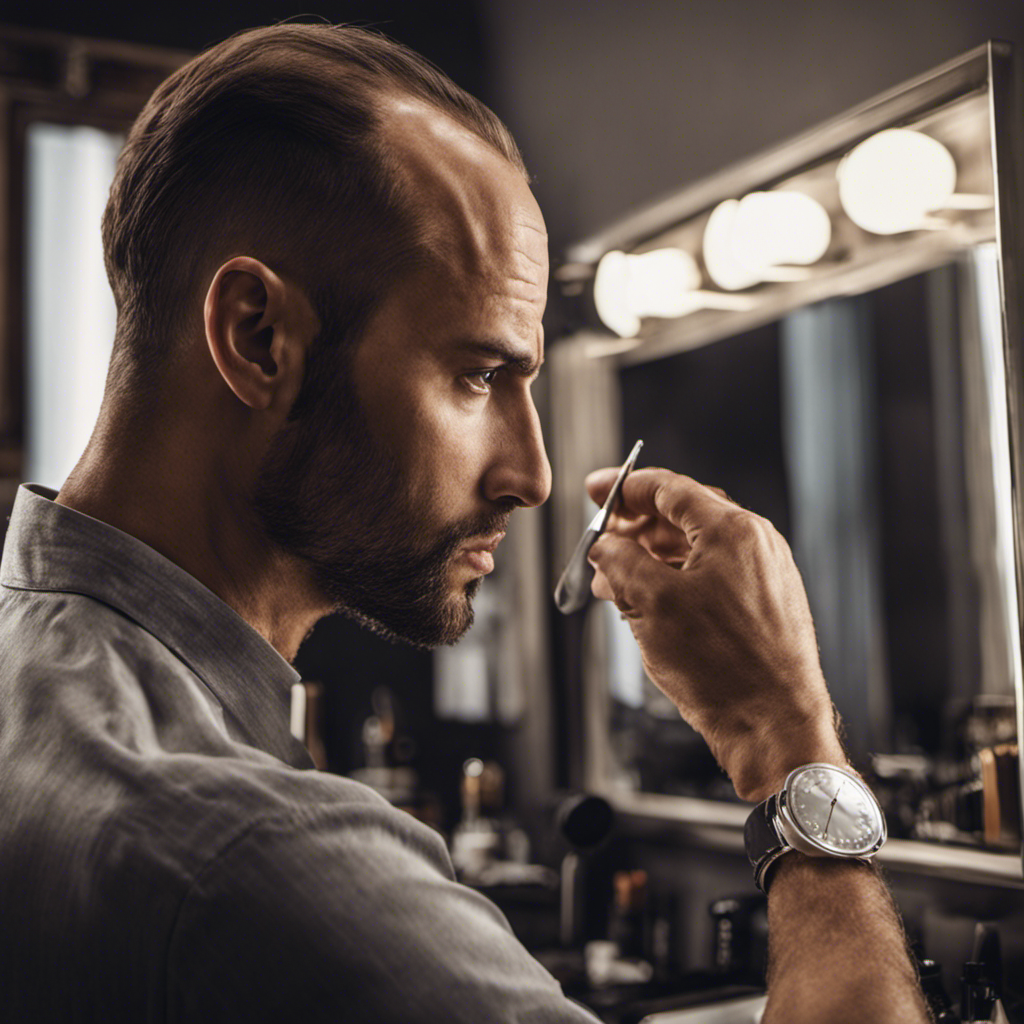 An image showcasing a man with receding hairline, carefully examining his thinning hair in front of a mirror