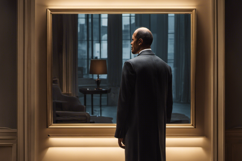 An image capturing the vulnerable moment of a man standing in front of a mirror, contemplating his receding hairline, illuminated by a soft morning light