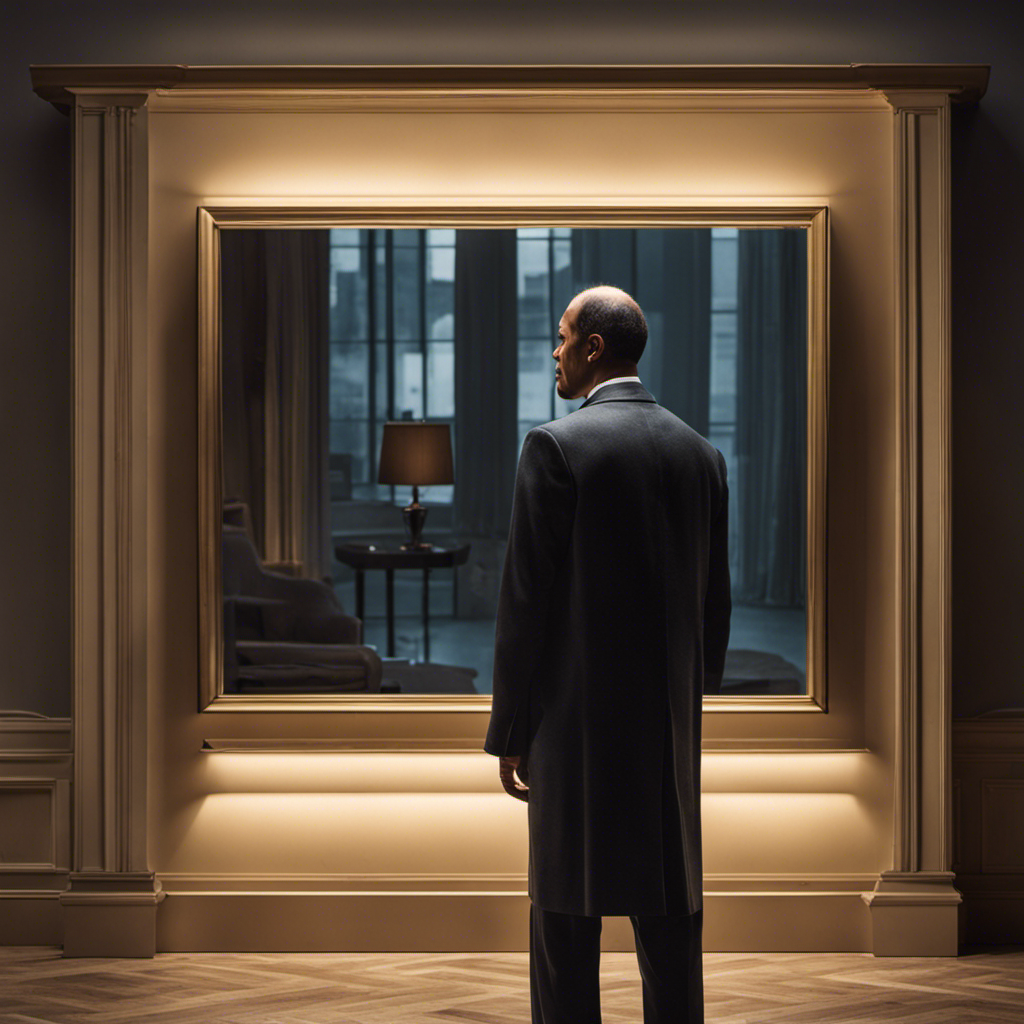 An image capturing the vulnerable moment of a man standing in front of a mirror, contemplating his receding hairline, illuminated by a soft morning light