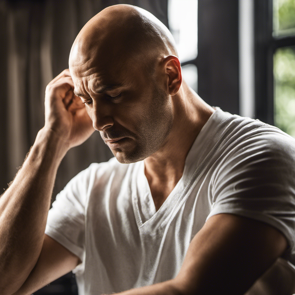 An image showcasing a mirror reflection of a man with receding hairline contemplating shaving his head, as sunlight highlights his thinning hair, revealing the perfect moment to embrace baldness