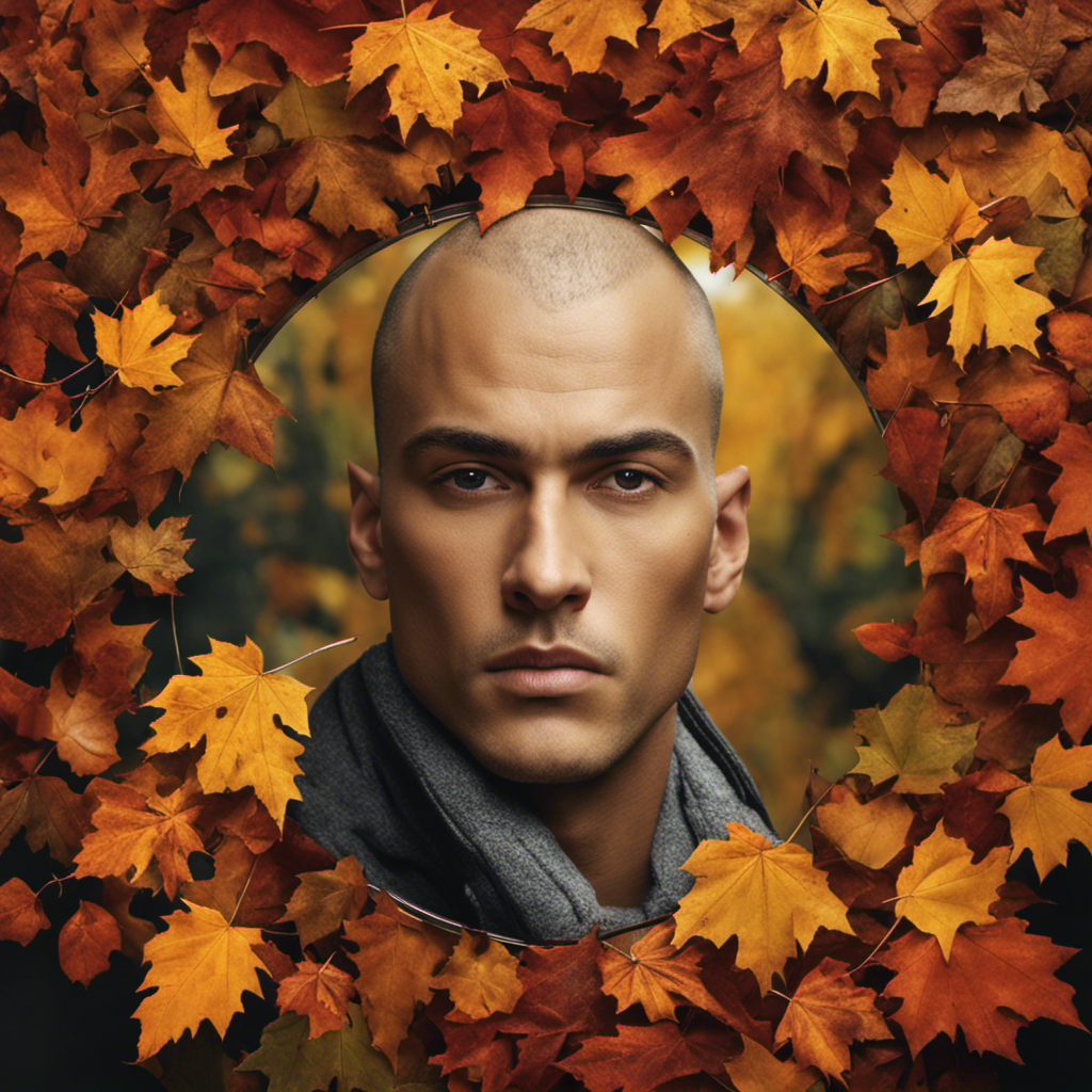 An image showcasing a man, surrounded by autumn leaves, gazing at his reflection in a mirror