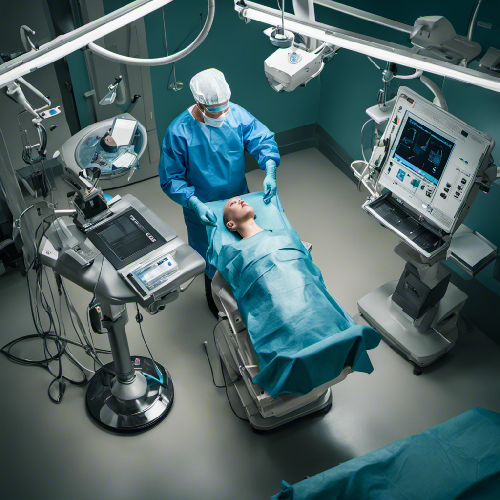 the essence of undergoing brain surgery: An overhead view of a surgical room, with a sterile blue sheet draped over a patient's shaven head, revealing the intricate incisions and delicate instruments positioned for the procedure