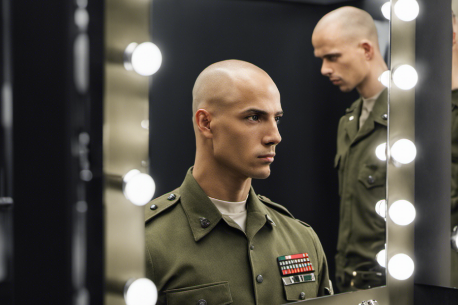 An image showcasing a soldier with a perfectly shaved head, his reflection visible in a gleaming mirror