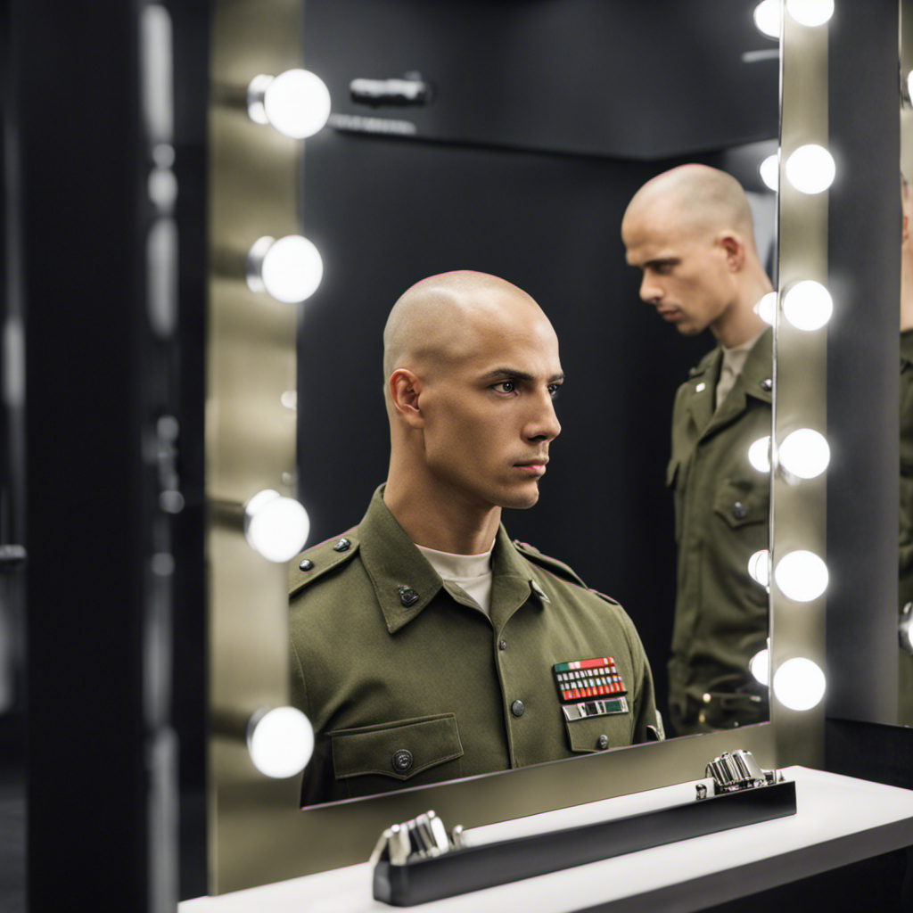 An image showcasing a soldier with a perfectly shaved head, his reflection visible in a gleaming mirror