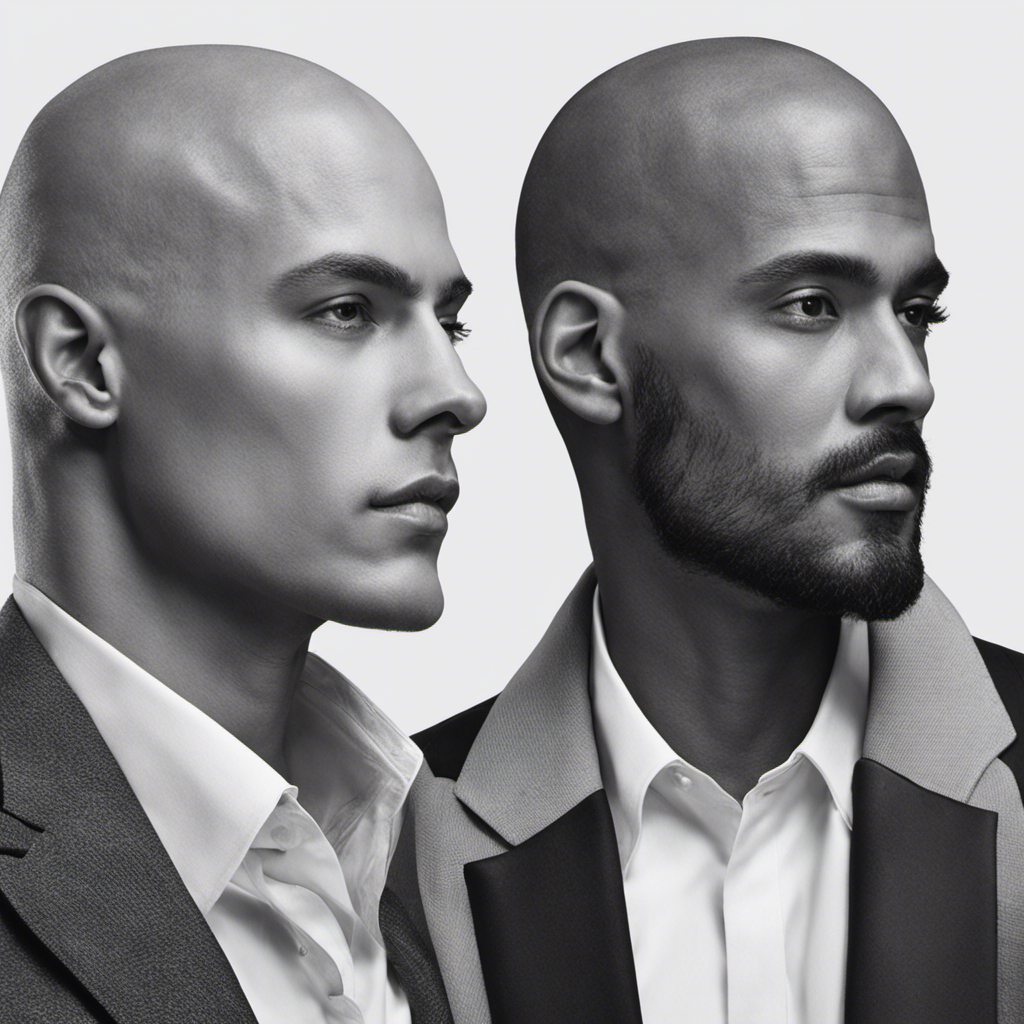 An image featuring a side-by-side comparison of a person with long hair and the same person after shaving their head