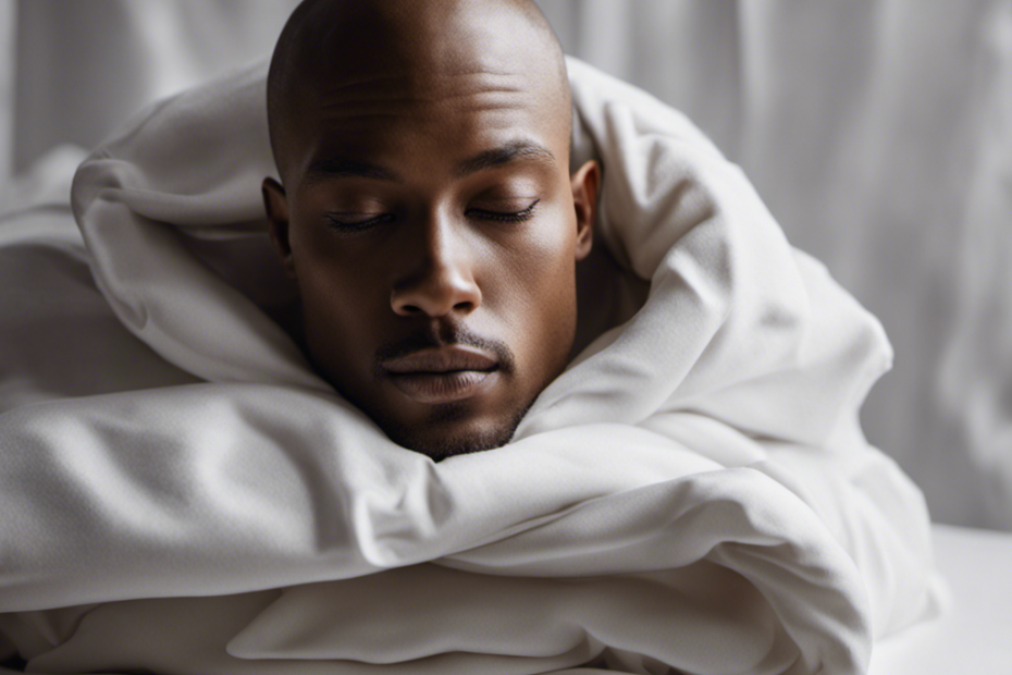 An image showcasing a freshly shaved head resting on a clean white pillowcase, surrounded by a stack of freshly washed and folded, fragrant blankets