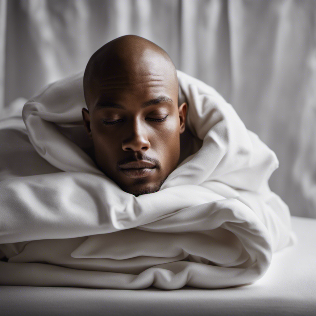 An image showcasing a freshly shaved head resting on a clean white pillowcase, surrounded by a stack of freshly washed and folded, fragrant blankets