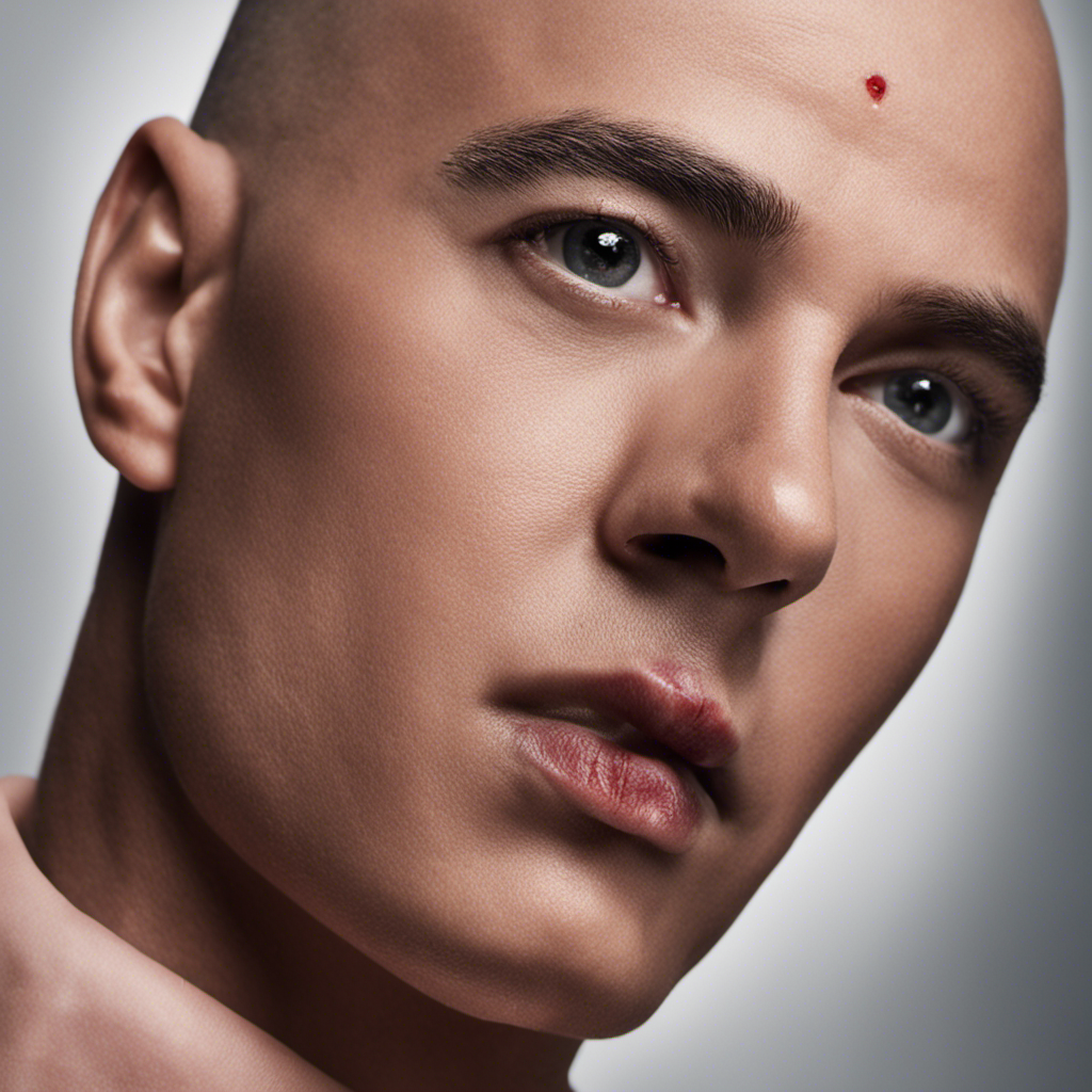 An image featuring a close-up view of a freshly shaved head with a razor, revealing tiny red bumps and inflamed skin