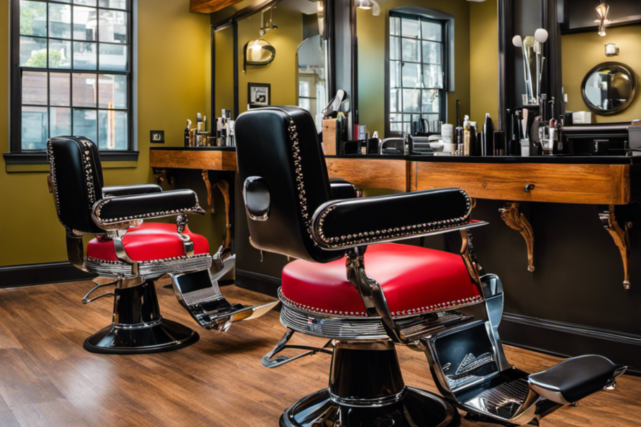 An image showcasing a vibrant salon chair adorned with an array of professional hair clippers and scissors, reflecting the modern aesthetic of a nearby Acton barbershop specializing in complete head shaves