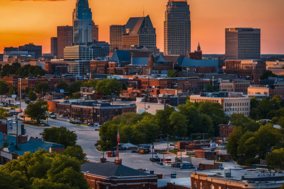 An image showcasing Fort Wayne's skyline at dusk, with a local barber shop in the foreground