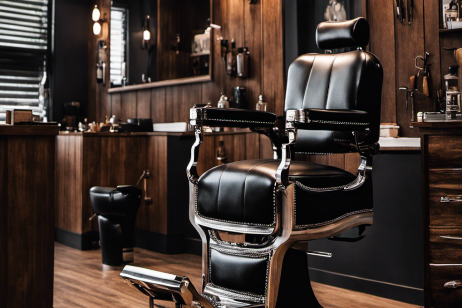 An image showcasing a sleek, modern barber chair positioned in the vibrant ambiance of a Houston barbershop, adorned with vintage barber tools, while a skilled barber expertly shaves a customer's head