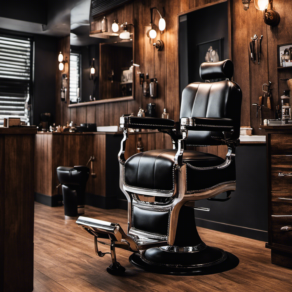 An image showcasing a sleek, modern barber chair positioned in the vibrant ambiance of a Houston barbershop, adorned with vintage barber tools, while a skilled barber expertly shaves a customer's head