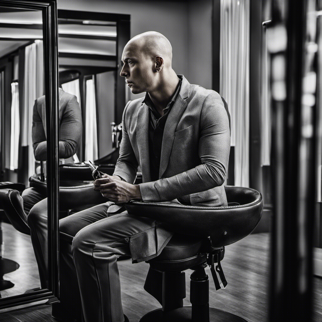 An image showing a close-up of a person sitting in front of a mirror, their determined expression reflecting in the glass as they confidently shave off their hair, symbolizing their choice to embrace a bald head