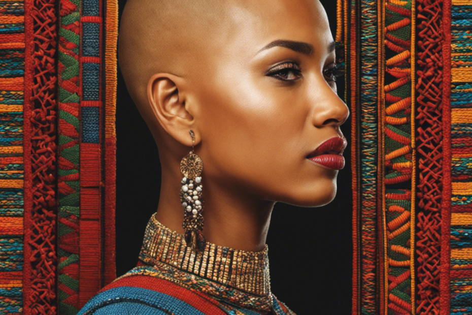 An image showcasing a close-up of a person's shaved head, revealing intricate cornrow patterns in vibrant colors