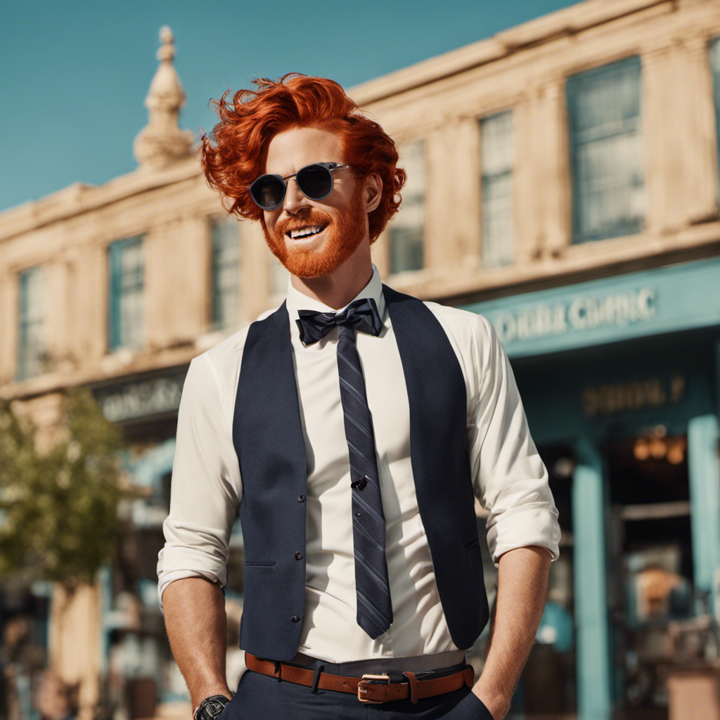 An image showcasing a vibrant, red-haired individual featured in a Dollar Shave Club commercial