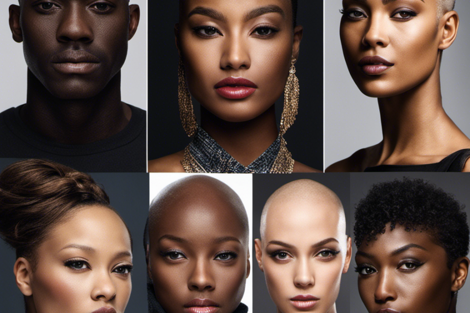 An image showcasing a diverse group of individuals with different head shapes, highlighting those with prominent birthmarks, scars, and bumpy textures, emphasizing the importance of embracing unique features instead of opting for a shaved head