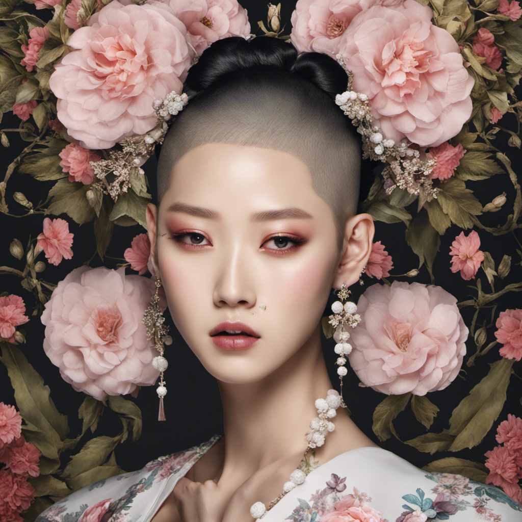 An image capturing the vulnerability and strength of a Kpop idol who defied societal norms, featuring a close-up shot of a shaved head adorned with delicate floral accessories, juxtaposing beauty and rebellion