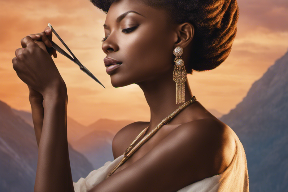 An image showcasing a confident woman in a serene setting, her eyes closed in bliss, as a professional stylist delicately shaves her head, symbolizing empowerment, liberation, and embracing one's authentic beauty