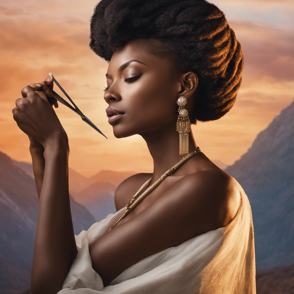 An image showcasing a confident woman in a serene setting, her eyes closed in bliss, as a professional stylist delicately shaves her head, symbolizing empowerment, liberation, and embracing one's authentic beauty