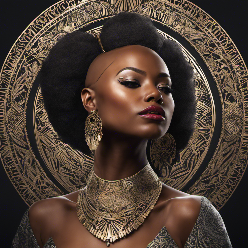 An image showcasing a radiant, confident black woman with a beautifully shaved head, adorned with intricate geometric patterns, empowering black women to embrace their natural beauty and find liberation in shaving their heads