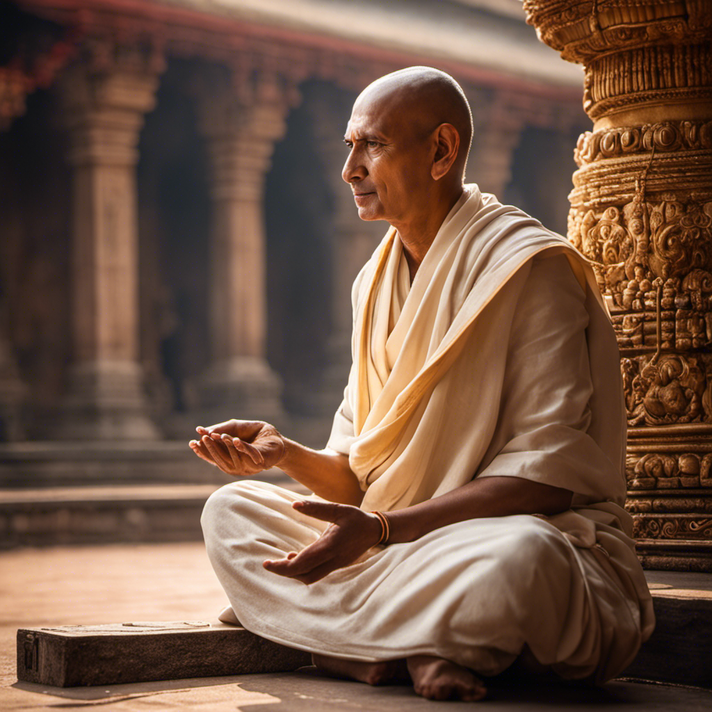 An image showcasing a bare-headed Brahmin priest, gracefully standing in a temple courtyard, their smooth shaved head glistening under the warm sun, symbolizing the sacredness and purity of their spiritual journey