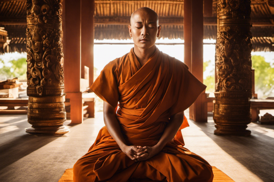 An image of a serene Buddhist monk, eyes closed in deep meditation, sitting cross-legged in a sunlit temple