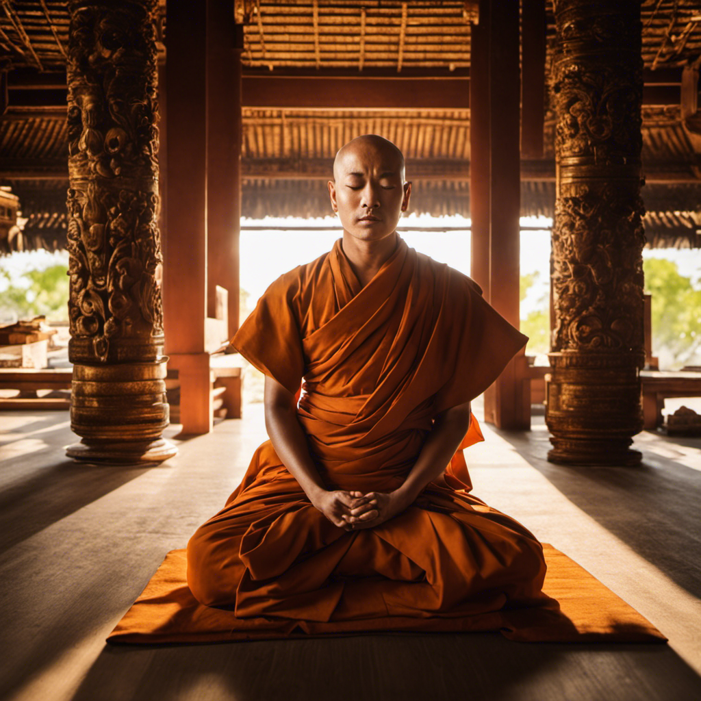 An image of a serene Buddhist monk, eyes closed in deep meditation, sitting cross-legged in a sunlit temple