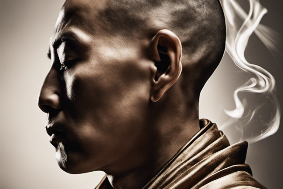 An image of a serene Buddhist monk gently shaving their head, their peaceful expression reflecting in the polished razor blade, as a symbol of renunciation, humility, and detachment from worldly desires