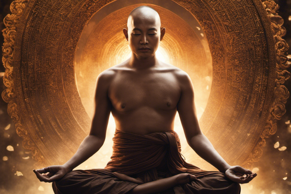 An image featuring a serene Buddhist monk seated in lotus position, his freshly-shaved head reflecting the soft morning light