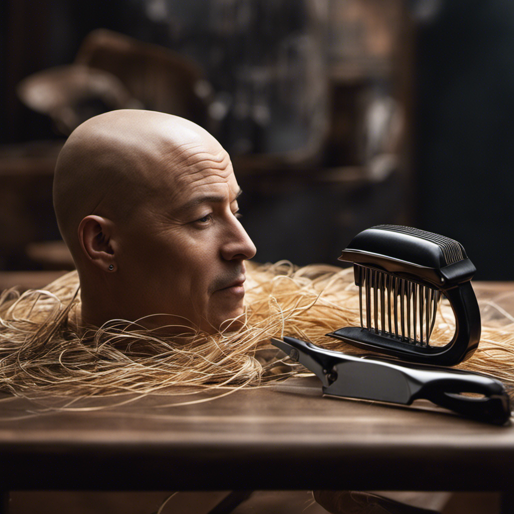 An image showcasing a close-up of a bald head, delicately touching a soft pillow, surrounded by scattered strands of hair and a pair of discarded clippers on a table