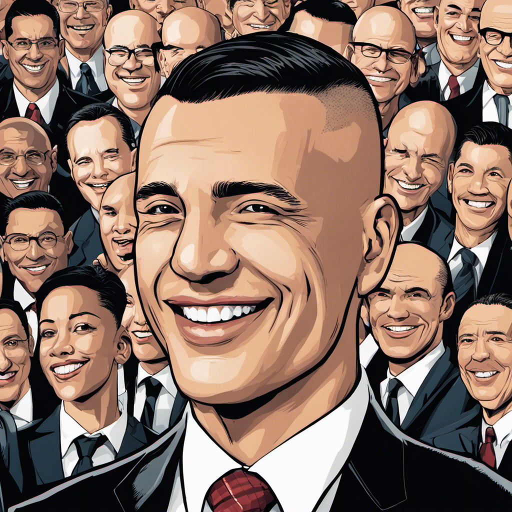 An image depicting a close-up of a person with a cleanly shaven head, wearing a suit, with a friendly smile, surrounded by a diverse group of people, showcasing a sense of trust, approachability, and professionalism