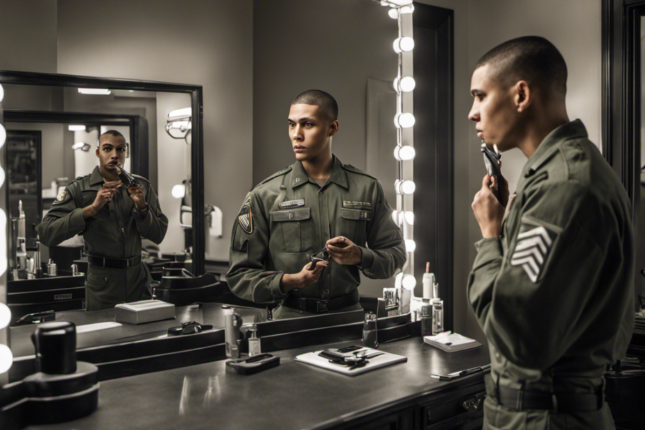 An image showcasing a recruit standing in front of a mirror, frustratedly holding a razor while staring at their reflection