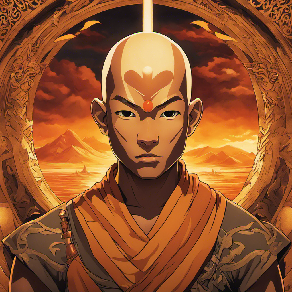 An image showcasing Aang's transformation: a serene sunset bathing the serene Air Temple in warm hues, casting a gentle glow on a freshly shaved, gleaming head, revealing intricate arrow tattoos that symbolize his spiritual journey