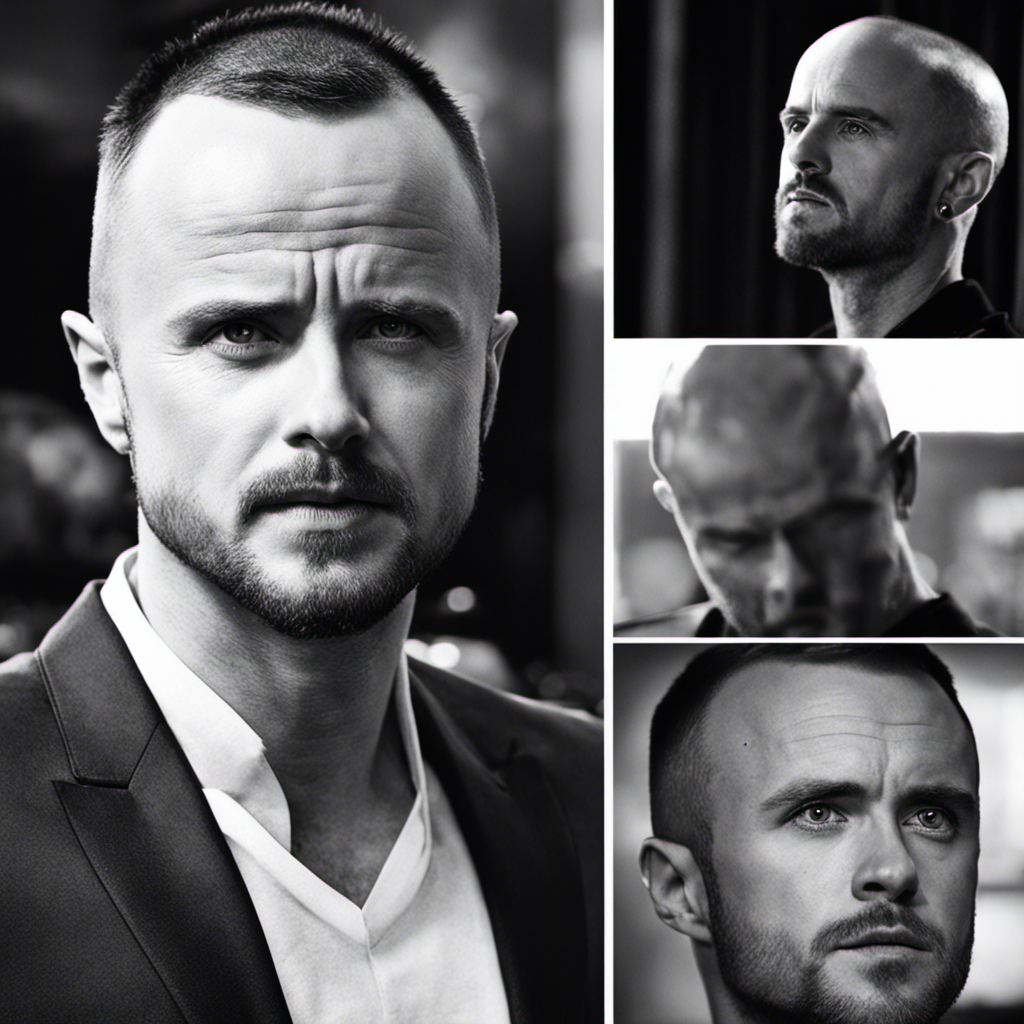 An image capturing Aaron Paul's transformation: a close-up shot of his freshly shaved head, revealing the intricate details of his razor-cut hair, showcasing his confident expression and the subtle shadows that accentuate his jawline