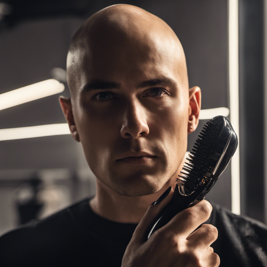 An image showcasing Adam Lavin's transformation: a close-up shot of his smooth, freshly shaved head, reflecting the sunlight, while his hands hold the electric razor, capturing the moment of bold change and new beginnings