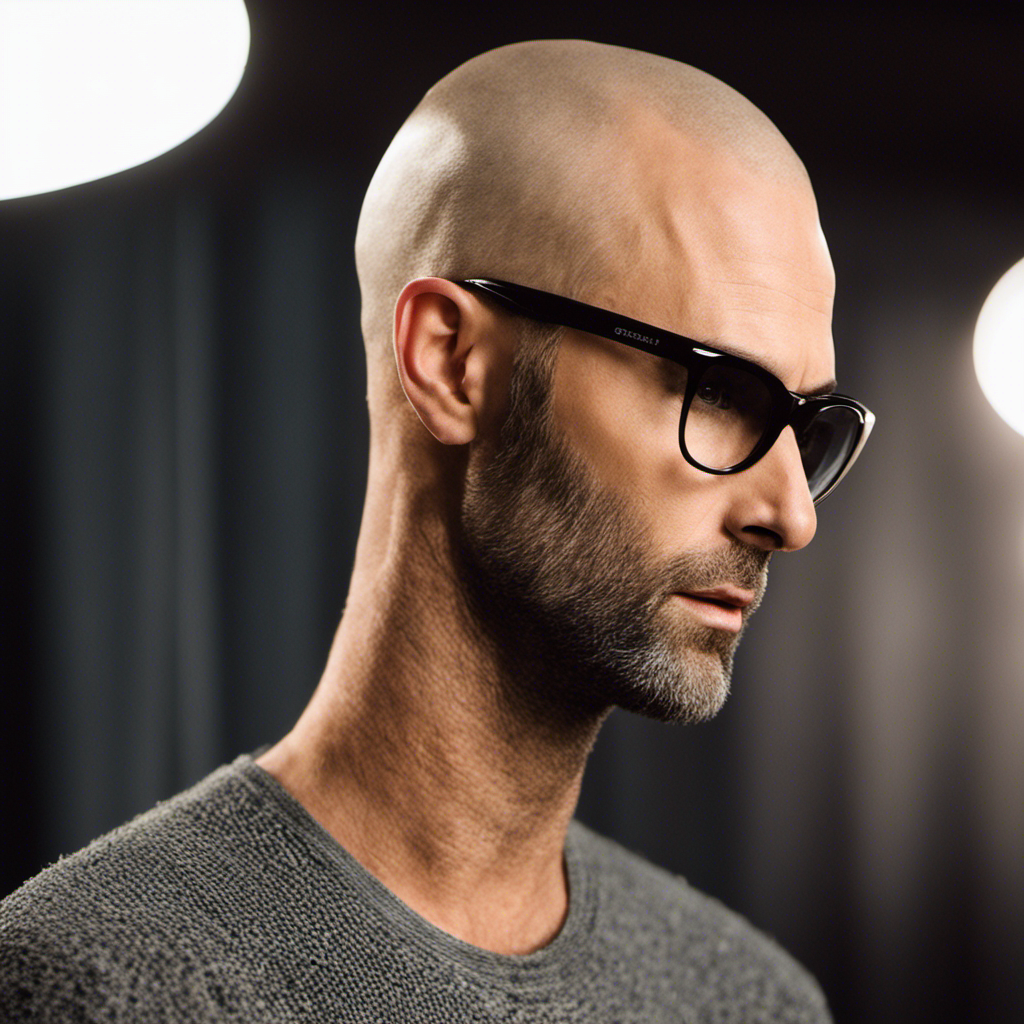 An image capturing Adam Levine's transformation, showcasing his freshly shaved head glistening under the spotlight