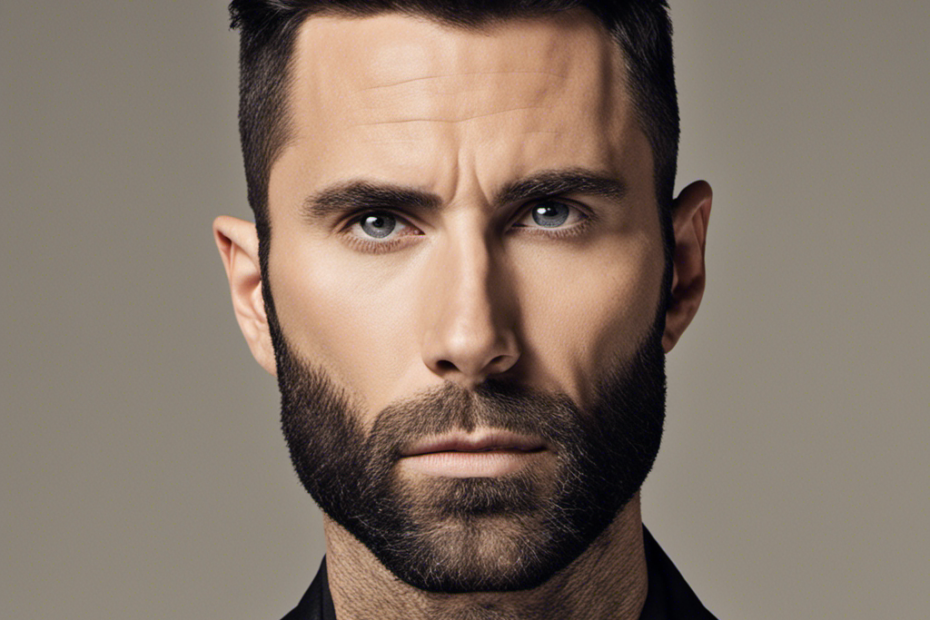 Create an image showcasing Adam Levine's transformation, capturing the raw vulnerability in his expressive eyes, the shorn locks scattered on the floor, and the newfound confidence emanating from his freshly shaved head