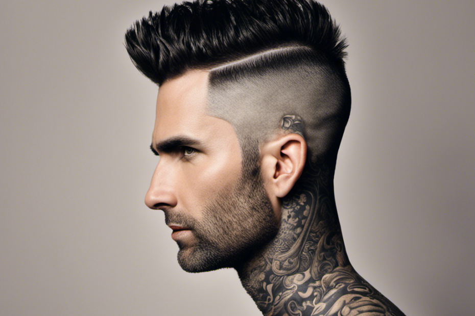 An image showcasing Adam Levine's transformation: a close-up of his newly shaved head, revealing the intricate patterns engraved on his scalp while capturing the confidence radiating from his piercing eyes