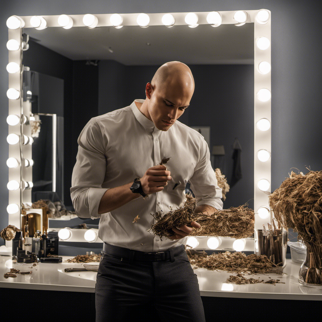 An image featuring Adam with a freshly shaved head, standing in front of a mirror, his hand gently touching the smooth surface, while a pile of discarded hair clippings lies on the counter nearby