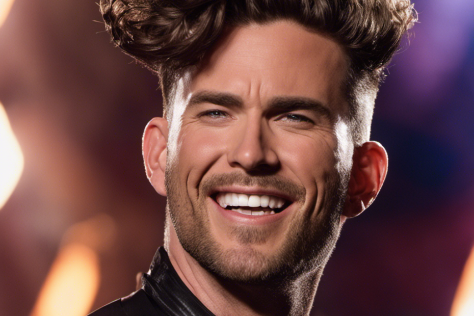 An image capturing Adam's transformation on "The Voice": A close-up shot of Adam, with his head freshly shaved, revealing his confident smile, as he confidently takes the stage with a newfound aura of power and determination