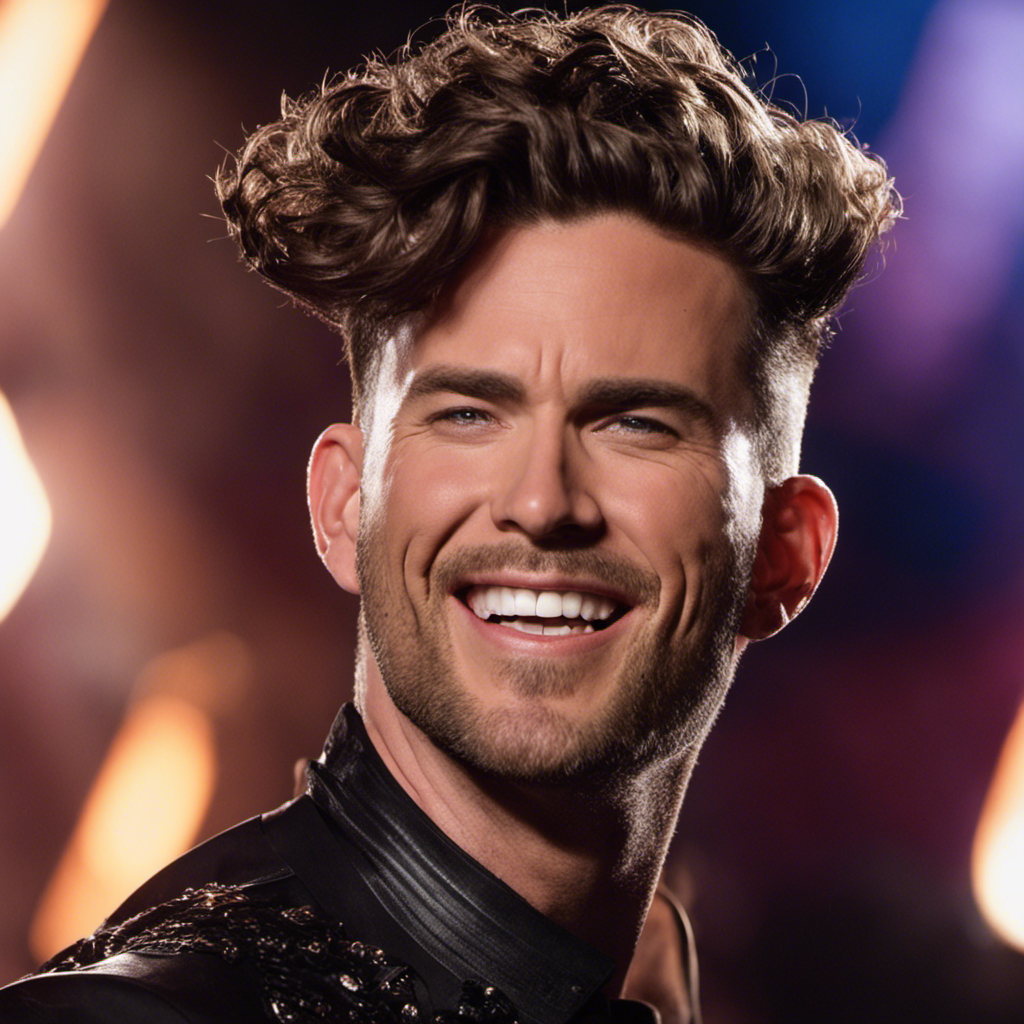 An image capturing Adam's transformation on "The Voice": A close-up shot of Adam, with his head freshly shaved, revealing his confident smile, as he confidently takes the stage with a newfound aura of power and determination