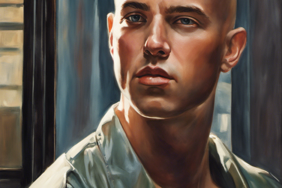 An image capturing a mirror reflection of a clean-shaven Alex Murdaugh, his eyes reflecting a mix of vulnerability and determination, as his newly bald head glistens under a soft ray of sunlight