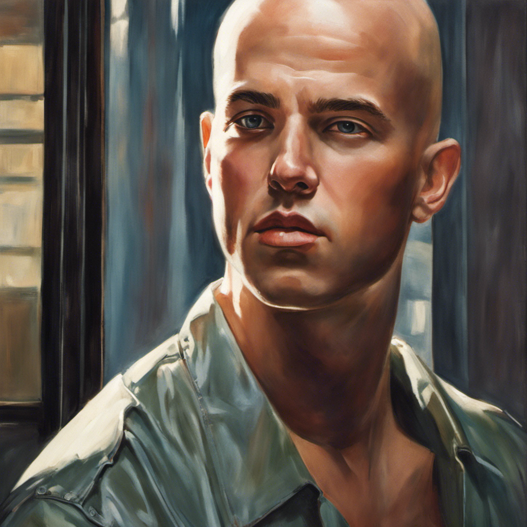 An image capturing a mirror reflection of a clean-shaven Alex Murdaugh, his eyes reflecting a mix of vulnerability and determination, as his newly bald head glistens under a soft ray of sunlight