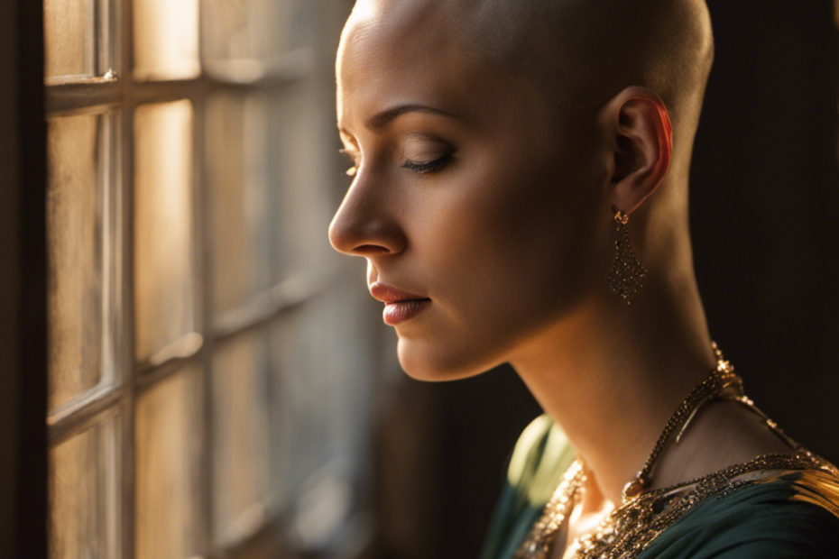 Depict Amanda Geise, her serene expression revealing introspection, as sunlight filters through the window, illuminating her freshly-shaved head