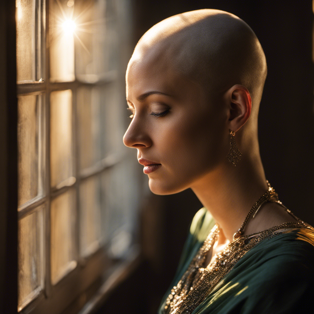 Depict Amanda Geise, her serene expression revealing introspection, as sunlight filters through the window, illuminating her freshly-shaved head